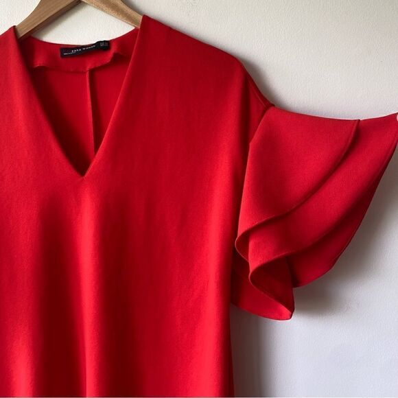 Zara woman red shift mini dress ruffle sleeves XS - Picture 6 of 8